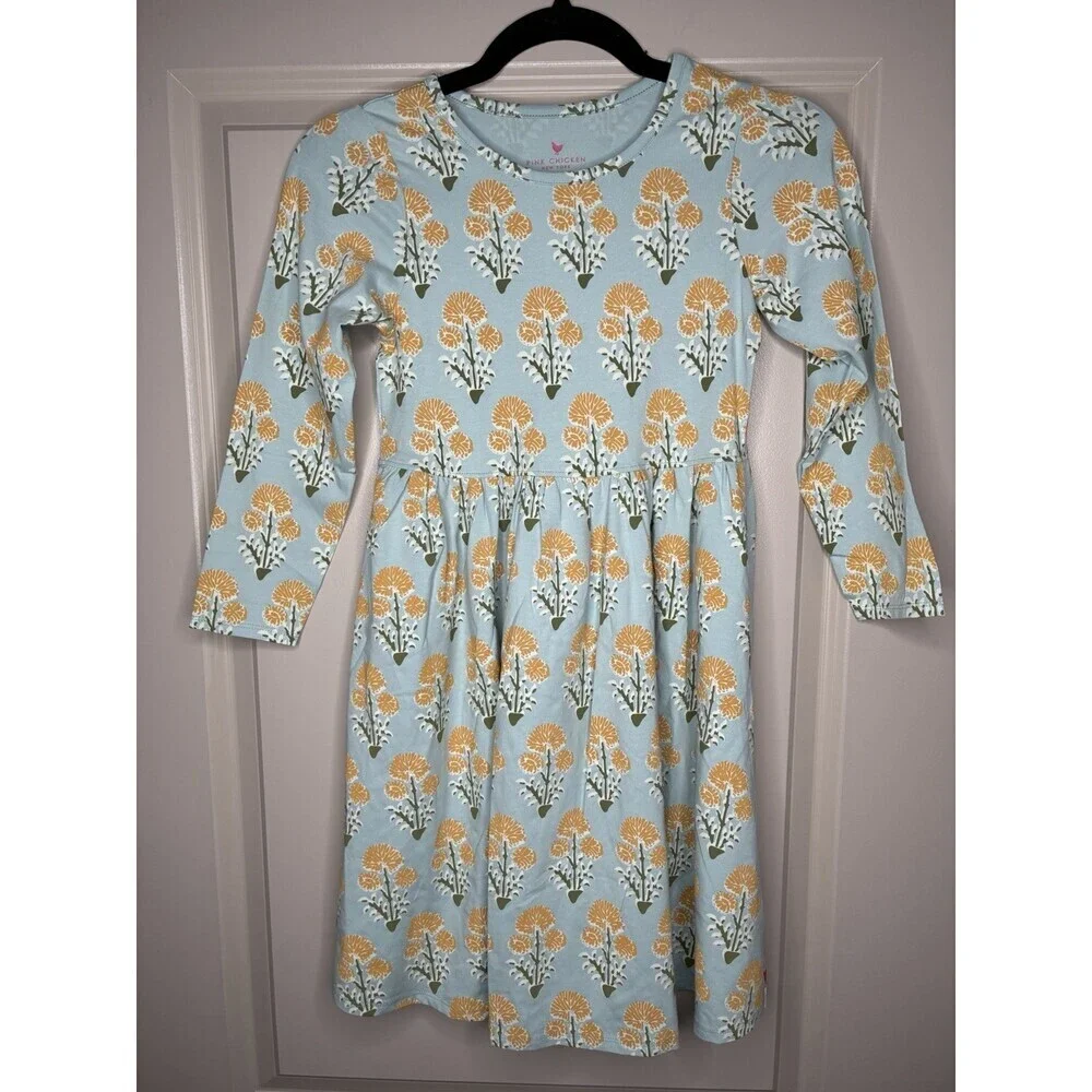 Pink Chicken Girls Long Sleeve Blue Floral Dress Size 10Y
